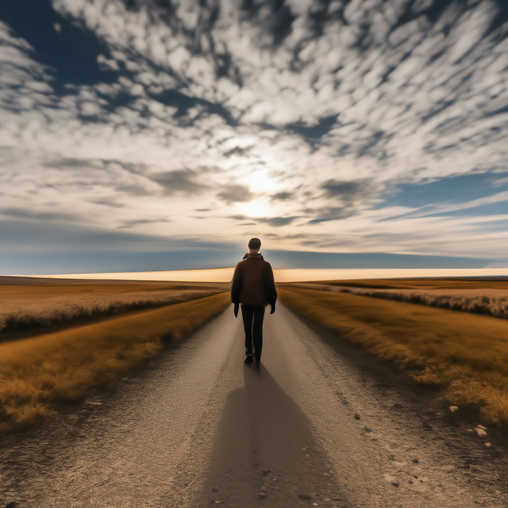 человек идет по дороге к солнцу